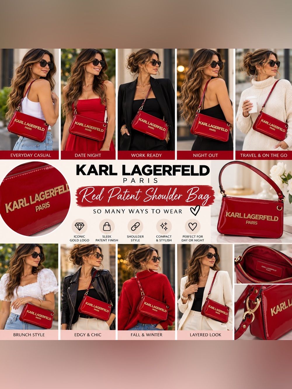 Karl Lagerfeld Red Patent Shoulder Bag with Gold Logo BOX32BAGS